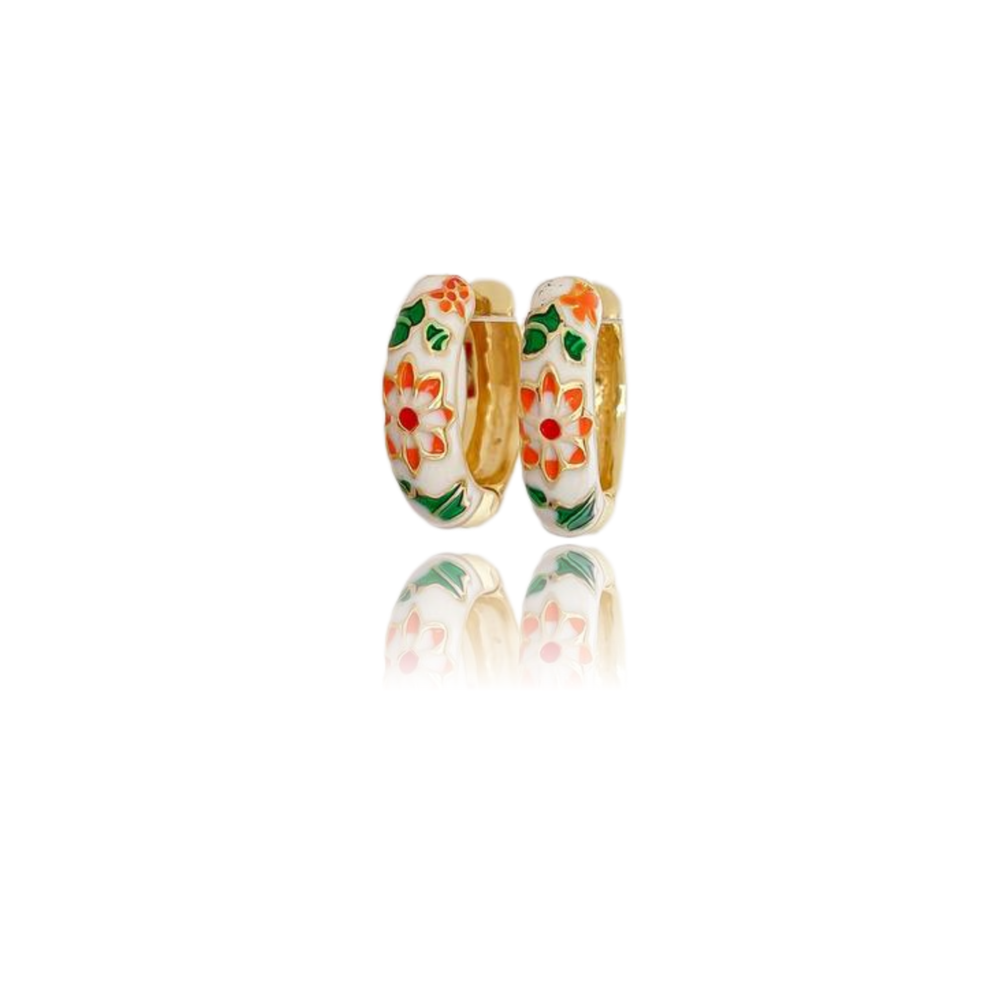 20251009142740752 گوشواره حلقه ای میناکاری سفید با گل نارنجی استیل