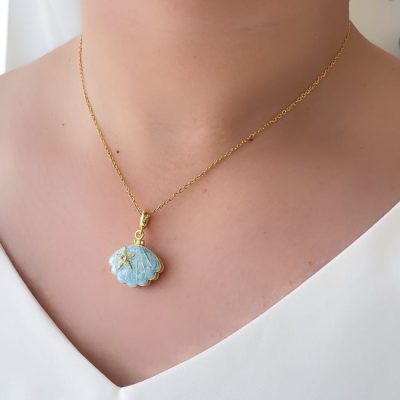 گردنبند لاک صدف فیروزه ای میناکاری استیل