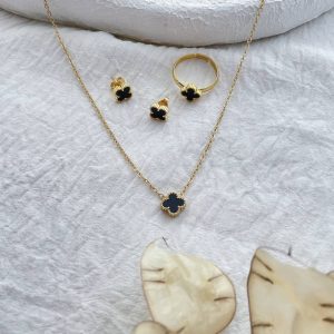 سرویس کامل ونکلیف مشکی گل ریز استیل (گردنبند تک گل)